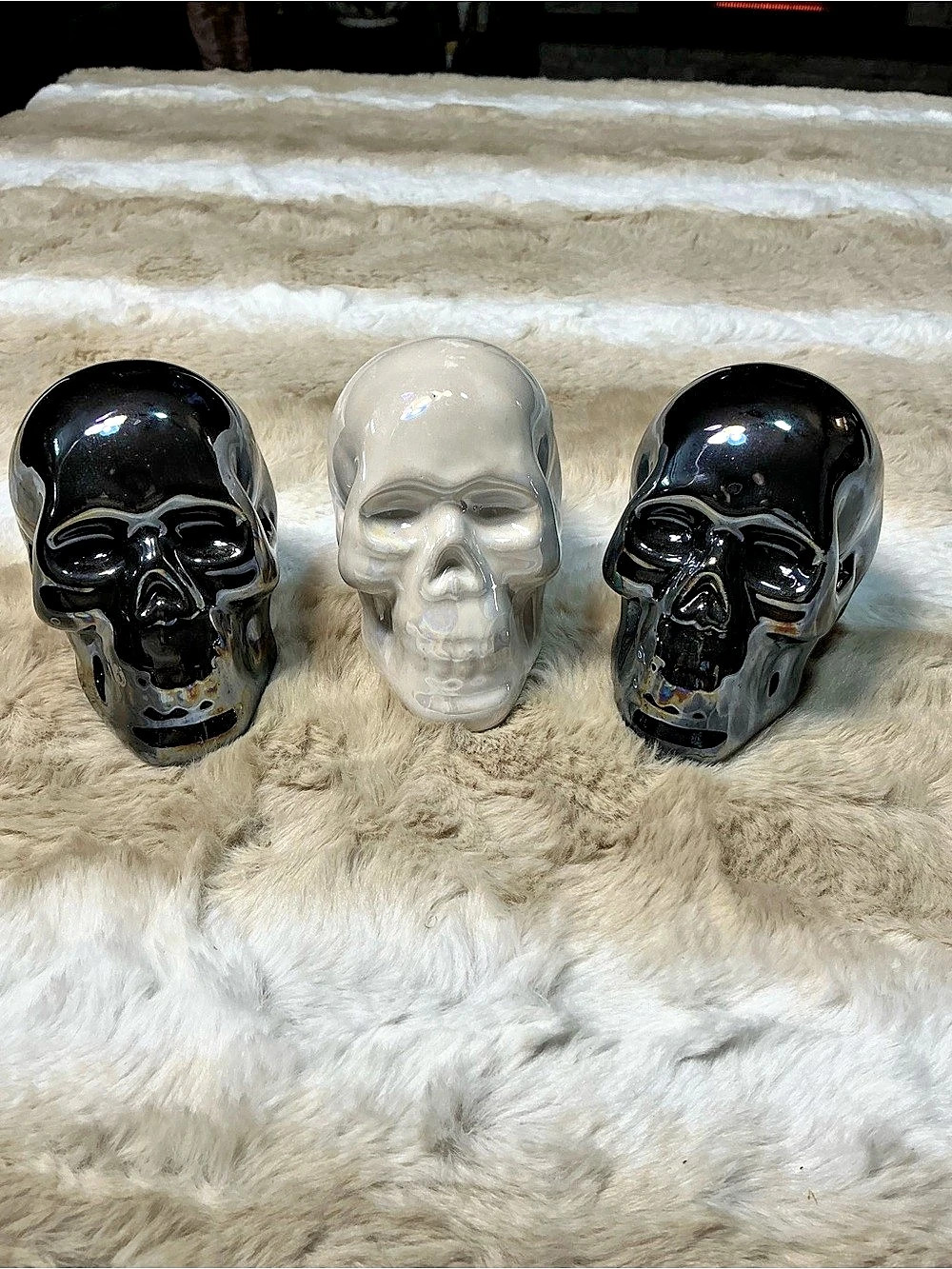 Greenbrier Ceramic Skull Figurines Set of 3 Iridescent Black White Halloween